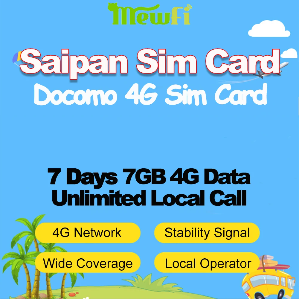 

Mewfi Saipan Guam Rota Tinian Travel Sim Card 7 Days 7GB 4G Date + Unlimited local Call Docomo Native 3in1 Mobile Phone Sim Card