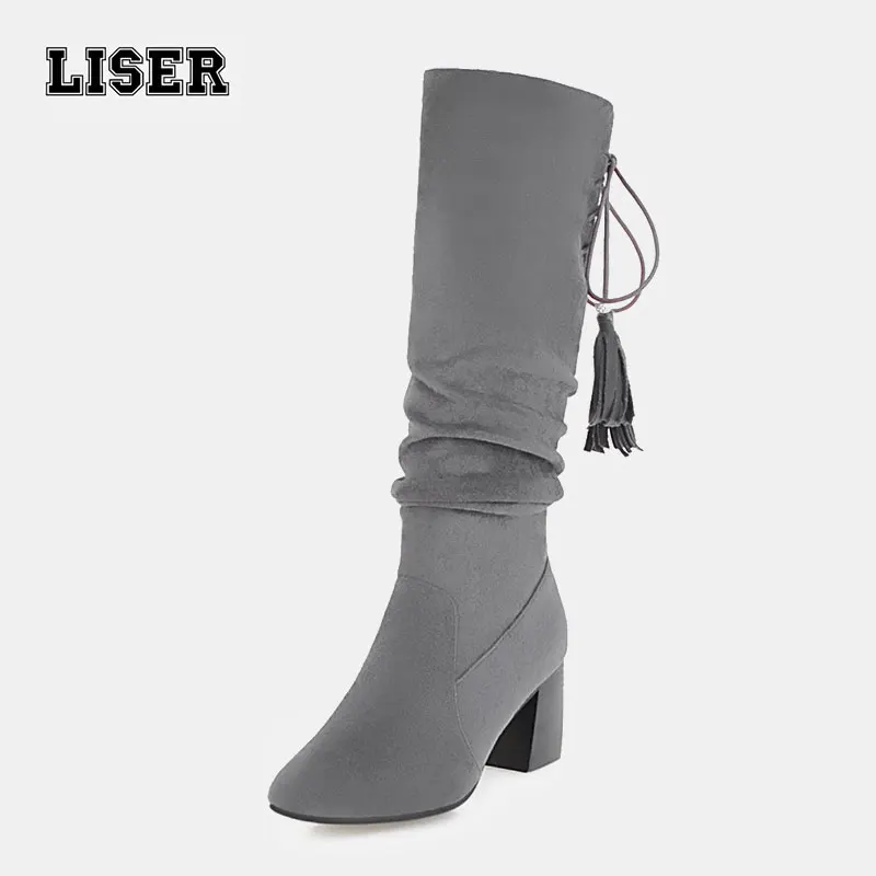 

women's jeans boots mid calf back lace up black brown flock soft sloppy punk style long booties chunk high heels plus size 43
