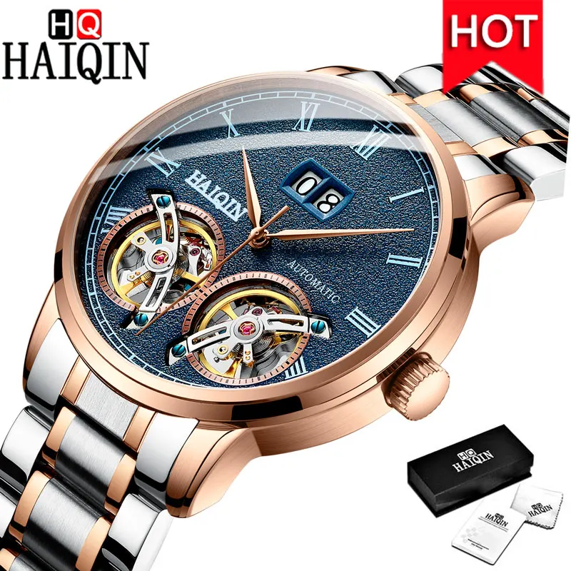 HAIQIN мужские часы Топ люксовый бренд/Автоматические/механические/Tourbil/Военные/водонепроницаемые/спортивные/часы мужские часы reloj hombre - Цвет: S Gold-Blue