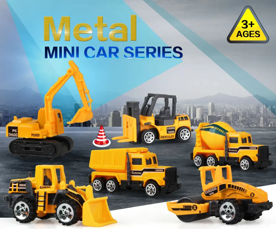 6 Types Mini Alloy Diecast Engineering Toy Car Vehicles Model Forklift Excavator Bulldozer Model Car Birthday Gift for Kids Boys