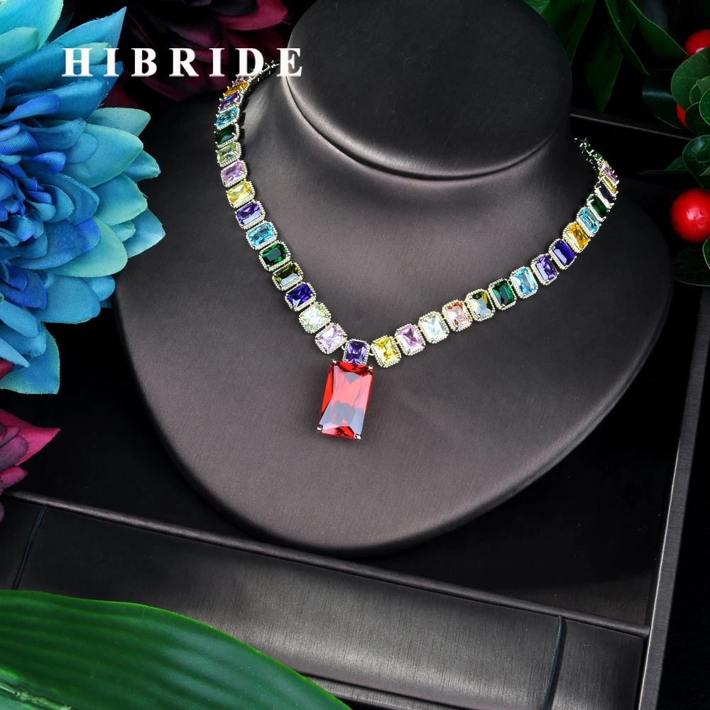 

HIBRIDE Luxury Fashion New Multicolor Stone AAA Cubic Zirconia Square Shape Setting Wedding Necklace for Women Jewelrry N-945