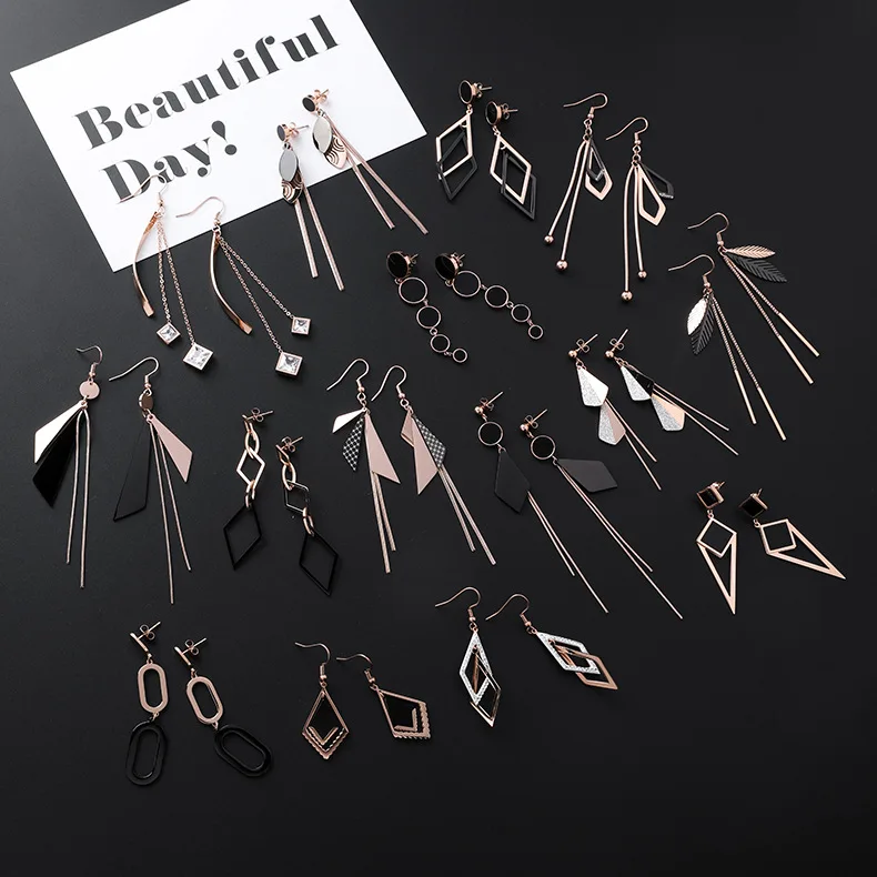 New Listing Geometric Titanium Steel long Tassel Girl Earrings gold Stainless Steel Triangle leaf Girl Black Jewelry Earrings 1