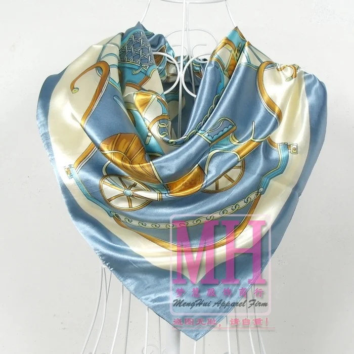 Красный шёлковый шарф женский шарф, китайский стиль атласный большой квадратный шарф с принтом, Женский брендовый шелковый шарф из искусственного шелка, модная шаль 90*90 см - Цвет: light blue