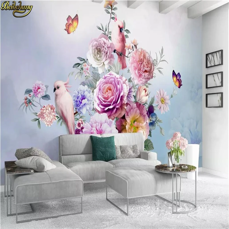 

beibehang Custom photo Mural Wallpaper Large Wall paper Vintage rose parrot Painting Living Room Sofa Backdrop home improvement