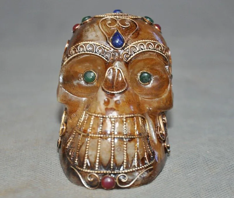 

christmas Rare Tibet Buddhism Crystal Silver Filigree inlay gem Skeleton Skull Head Statue halloween