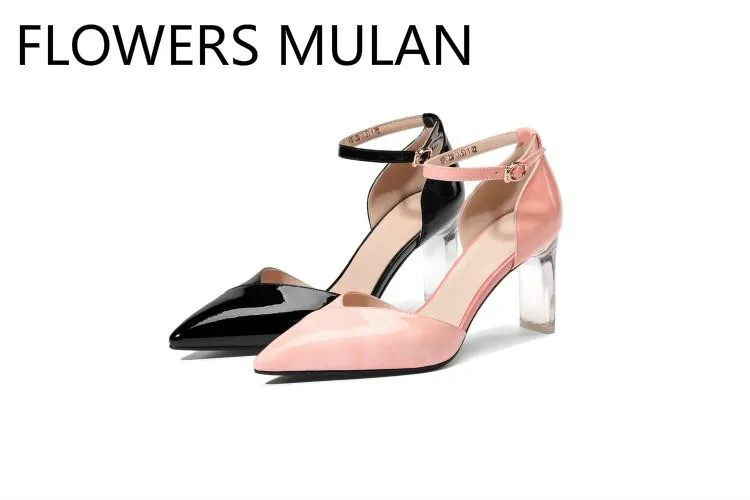

Shiny Pink Black Patent Leather Women High Heels Shoes Pointed Toe Cover Heel Ankle Buckle Mary Janes Womens Pumps Ladies Shoes