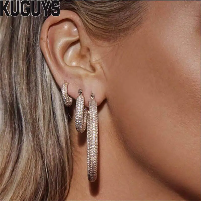 

KUGUYS High Quality Crystals Round Hoop Earrings for Women Fashion Jewelry Luxury Gold Silver Earring Trendy Party Accessories