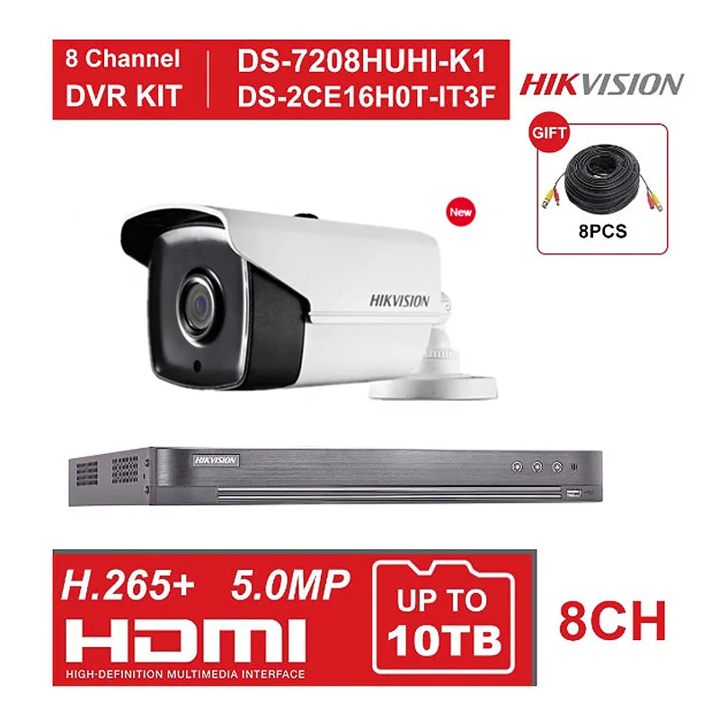

HIK 8CH DVR KIT Hybrid 8 Channel Video Surveillance Recorder DS-7208HUHI-K1 5MP Bullet Security Analog Camera DS-2CE16H0T-IT3F