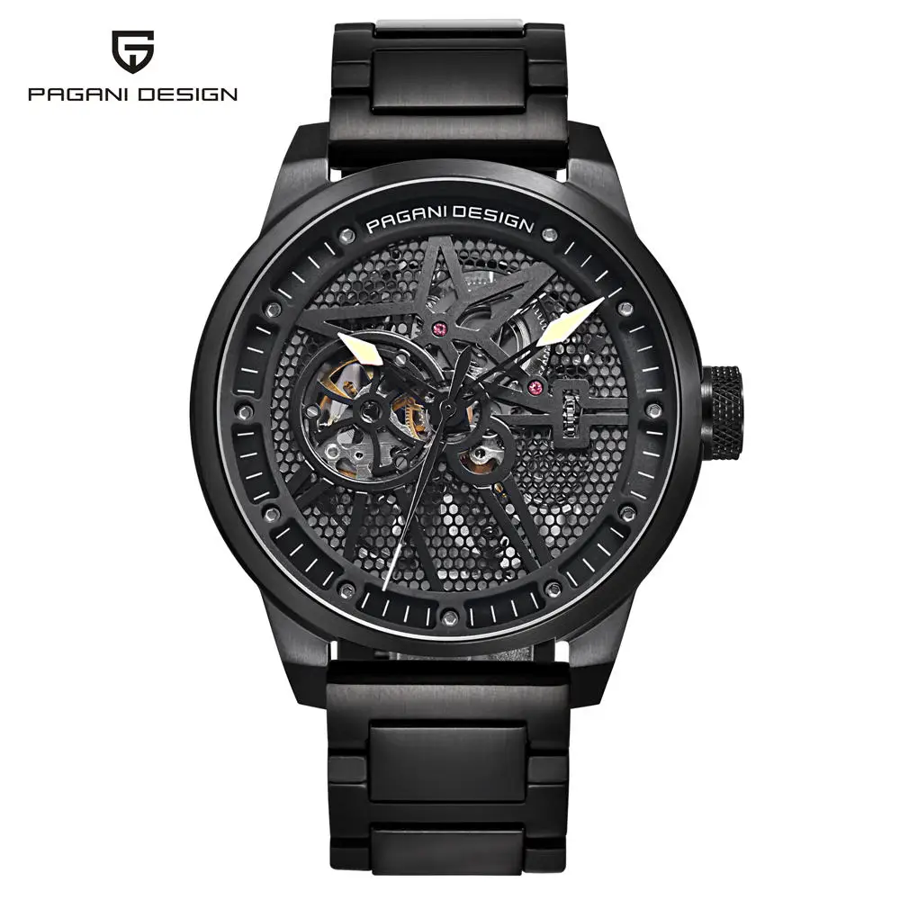 Модные Роскошные брендовые кожаные часы Pagani с турбийоном, автоматические мужские наручные часы, мужские механические Стальные наручные часы Relogio Masculin - Цвет: Steel black white