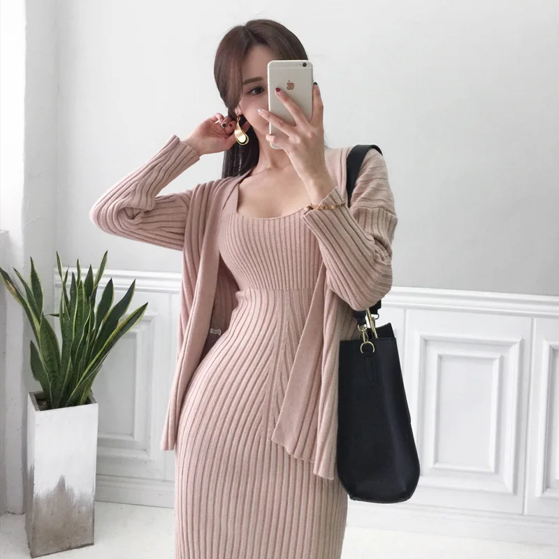 

2019 Spring Office Lady Knitted Dress Two Pieces Women Casual Sheath Spaghetti Strap Dresses + Long Sleeve Cardigans Sweater