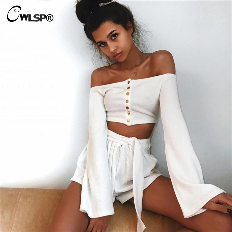 

CWLSP Women Long Flare Sleeve T-shirt Sexy Slash Neck Casual Crop Top t shirt Buttons Stitch White Tops woman shirt autumn