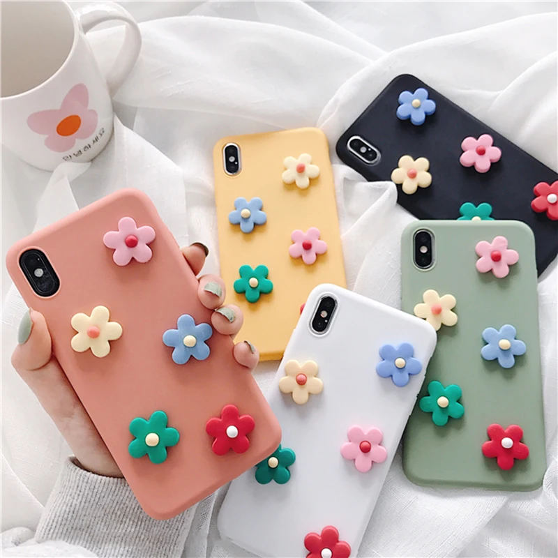 

Cute 3D Flowers Phone Cases For iPhone XR XS Max 6 6S 7 8 Plus X Candy Color Soft TPU Full Body Floral Back Cover Conque