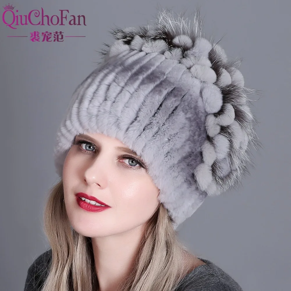 Baratos Sombreros de invierno de mujer de piel 100% Real Rex conejo zorro piel sombrero Rex conejo piel gorras señora invierno cálido sombreros de Piel de mujer
