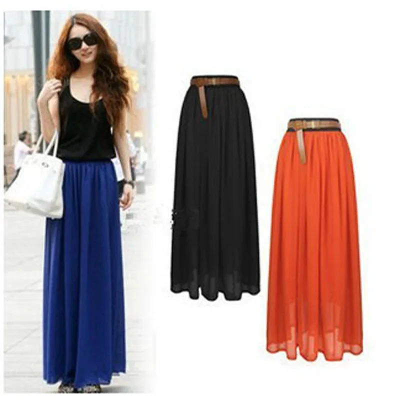 

Long Maxi Chiffon Skirts Summer Women Pleated Elastic Waist Skirts Womens