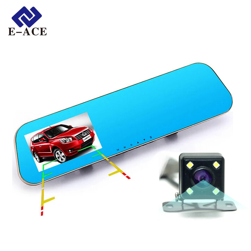 E-ACE Car Dvr Auto Digital Video Recorder Rear View Mirror With Camera FHD 1080P Dashcam Dual Lens Parking Monitor Registrator