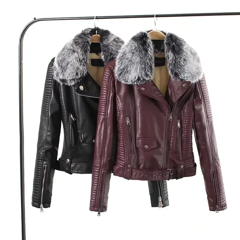 

S-XL Women Faux Leather Plus Velvet Warm Jacket Coat Moto& Biker Solid Fur Collar Short PU Leather JacketsOuterwear High Quality