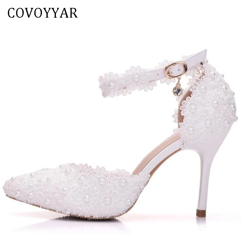COVOYYAR 2019 женские свадебные туфли на тонких каблуках с кружевными цветами и
