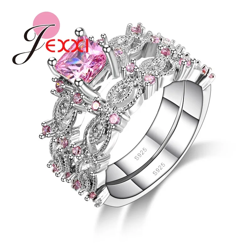 JEXXI Pure Love Pink CZ Cubic Zirconia Stone Ring Set S925 Stamped Silver Bridal Set For Engagement/Wedding Rings A Pair