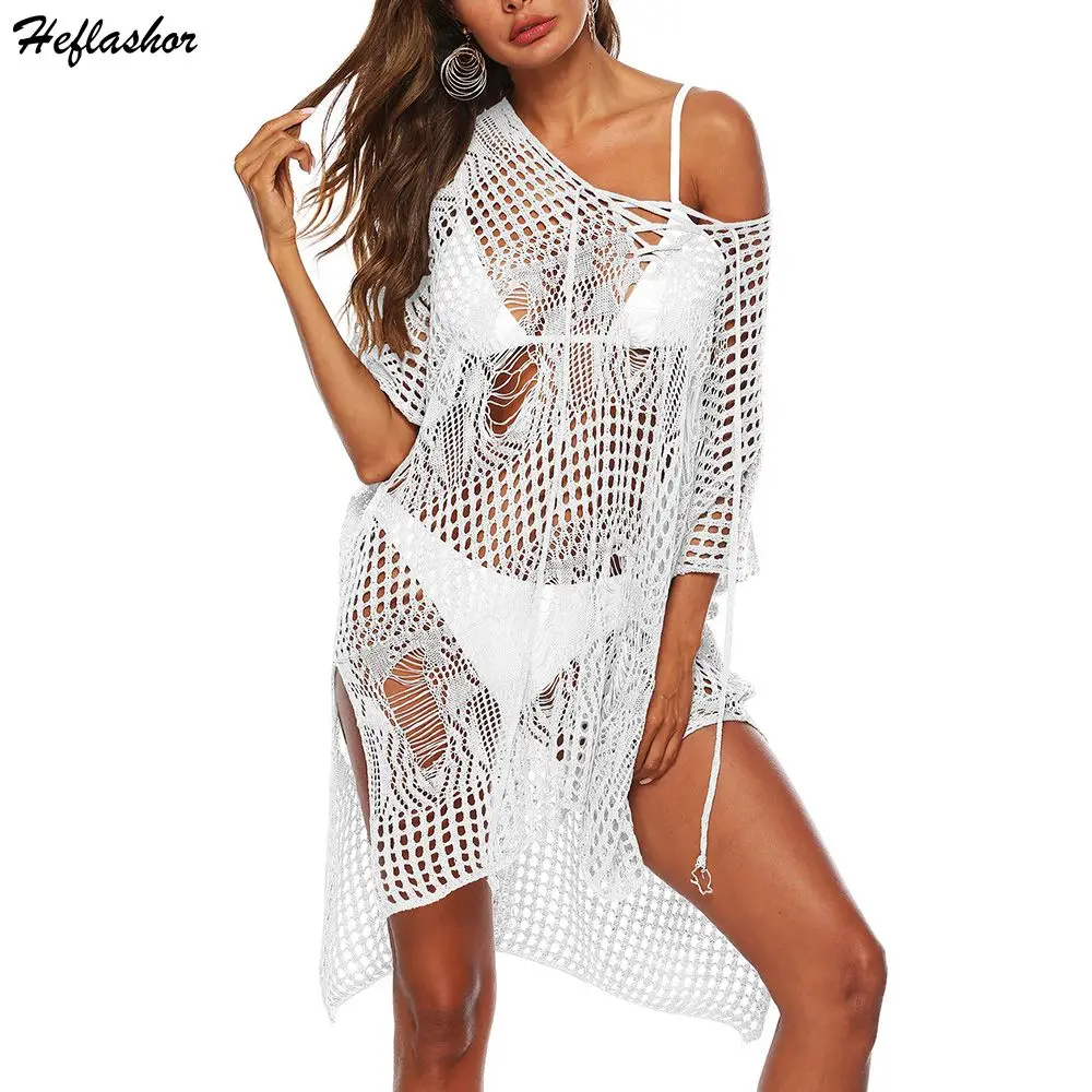 

Heflashor 2019 Summer Women Hollow Out Cover Up Crochet Knitted Loose Bikini Swimsuit Cover Sexy See Through Beach Dress
