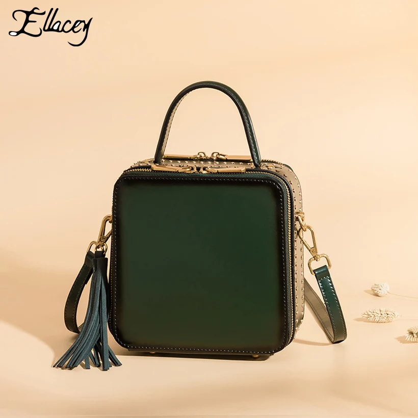 

New 2019 Cow Split Leather Box Bags Women Rivet Vintage Messenger Bag Leather Small Handbag Tassel Mini Shoulder Crossbody Bags