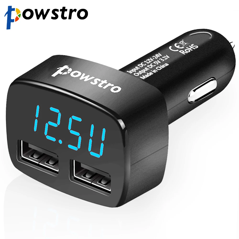 Powstro светодиодный Дисплей двойной Переходник USB для зарядки в машине 5V 3.1A Напряжение ток Температура монитор тестер универсальный для iPhone и Android