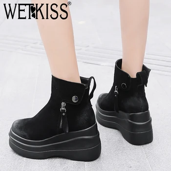 

WETKISS Winter Cow Suede Women Ankle Boots Round Toe Zip Flat With Footwear Pu Female Boot Platform Shoes Woman 2018 New Black
