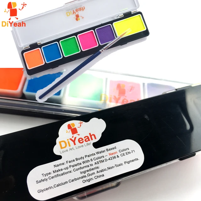 body face paint 6 colors set neon fluorescent with brush makeup