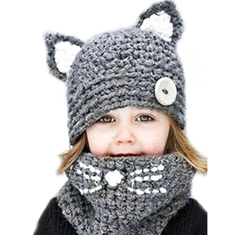 

Unisex Caps Scarf Set Lovely Cartoon Animal Hats For Children Winter Hat Boy Hand Crochet Kawaii Cat Ears Knitted LIC Cap Girls