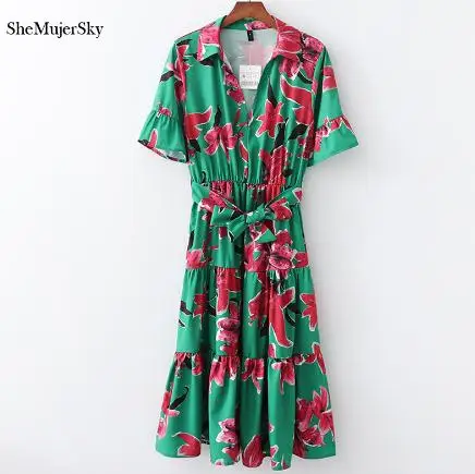 green dress SheMujerSky летнее зеленое женское платье миди с цветочным принтом, с коротким рукавом, с отложным воротником, модные платья с поясом vestidos - Цвет: green dress