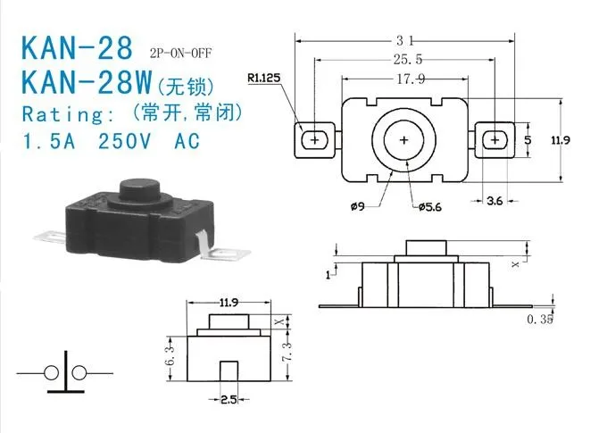 10 шт./лот KAN-28 кнопочный переключатель 18*12 мм 1.5A/250 В самоблокирующийся для фонарика