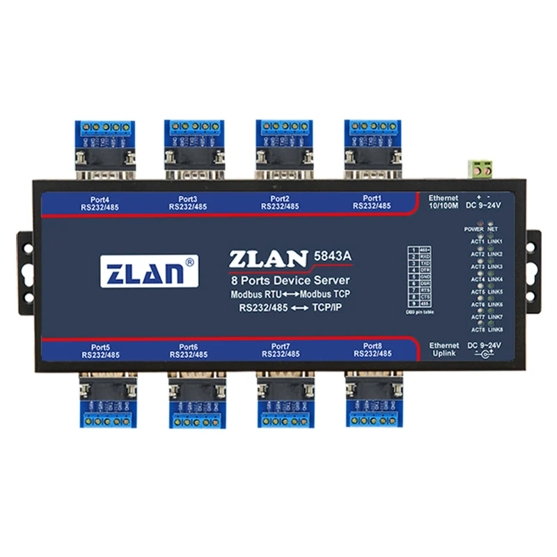 ZLAN5843A 8 портовый RS232 RS485 к Ethernet конвертер несколько последовательных устройств