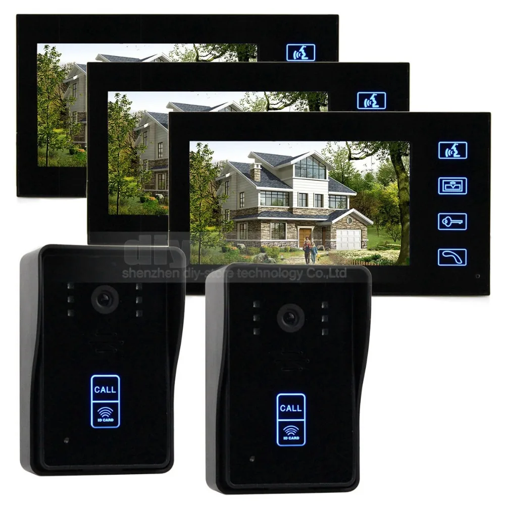 

DIYSECUR 7inch Color LCD Video Door Phone Doorbell Intercom Touch Key RFID Reader Waterproof IR Camera 3 Monitor 2 Camera