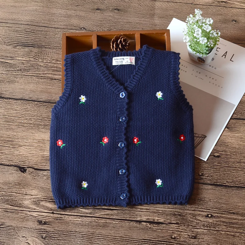 Navy Blue Girls Sweater Vest Single Breasted White Waistcoat Girls