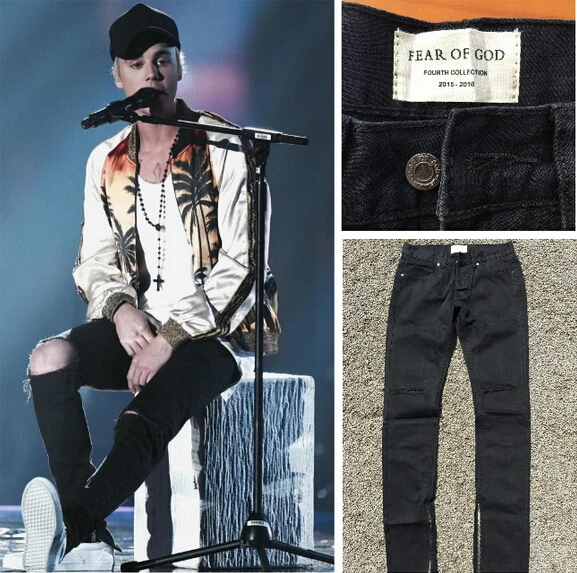 Best version 2016 Fear of God FOG zippers skinny slim fit mens Distressed justin bieber black