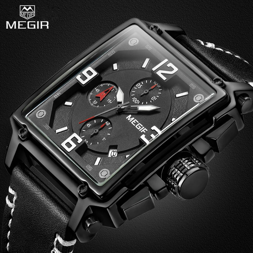 

Men Watches Sport Waterproof Top Luxury Brand Megir Military Chronograph Multifunction Leather Strap WristWatch Male Clock