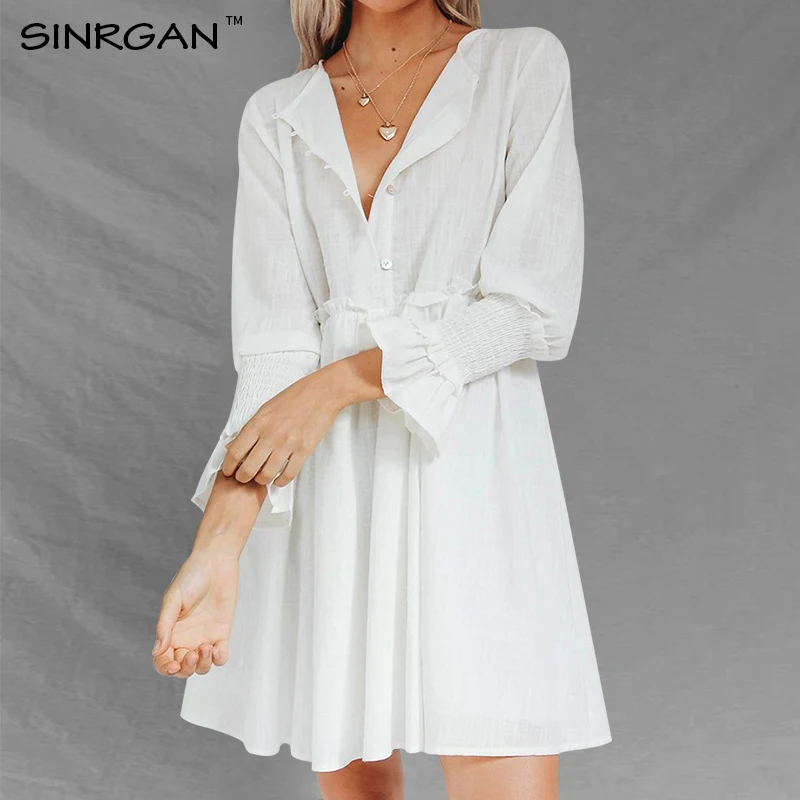 

SINRGAN White deep v neck winter dress women Modis elegant sexy club dresses loose mini dress solid party dress female vestidos