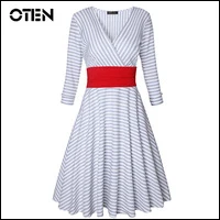 OTEN-2018-Women-spring-Fashion-3-4-sleeve-Sexy-Deep-V-Neck-Striped-Printed-Elegant-ladies