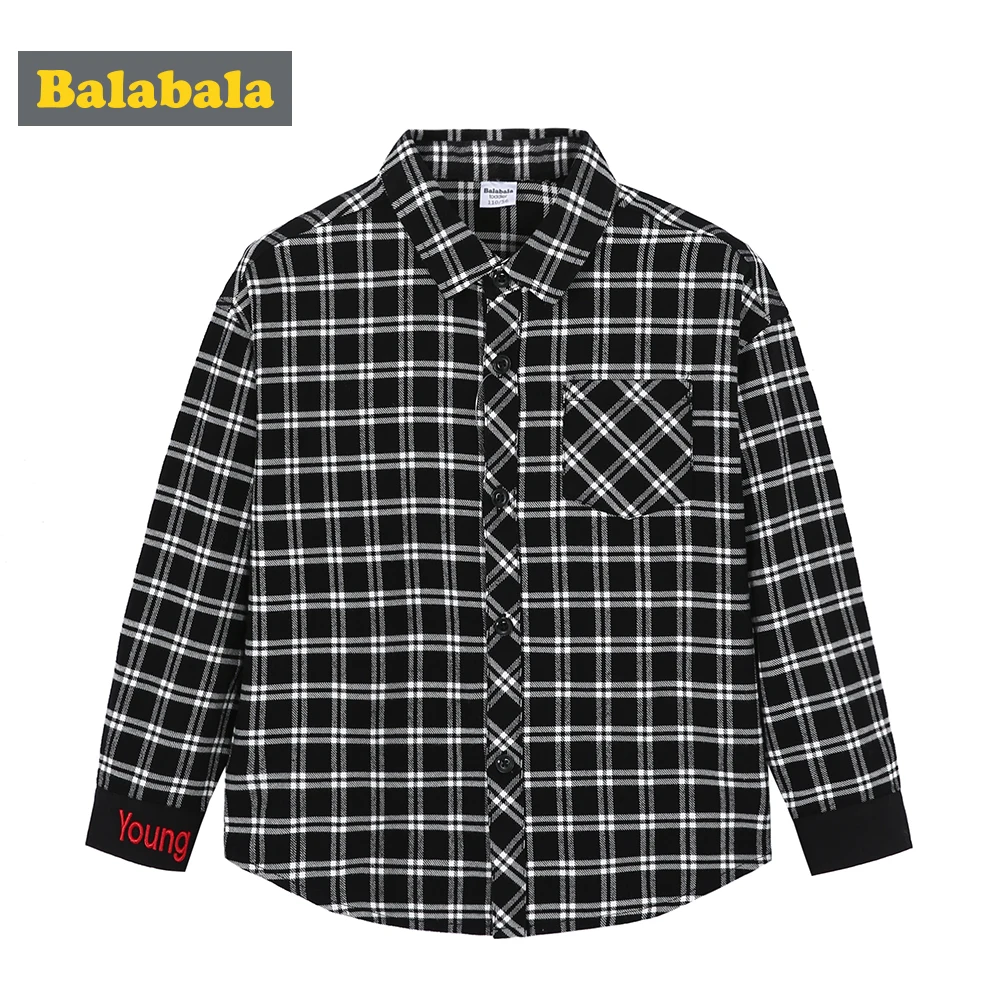 

Balabala Toddler Boy 100% Cotton Checked Shirt in Regular Fit Children Kids Embroidered Shirt with Chest Pocket Tapered Waist