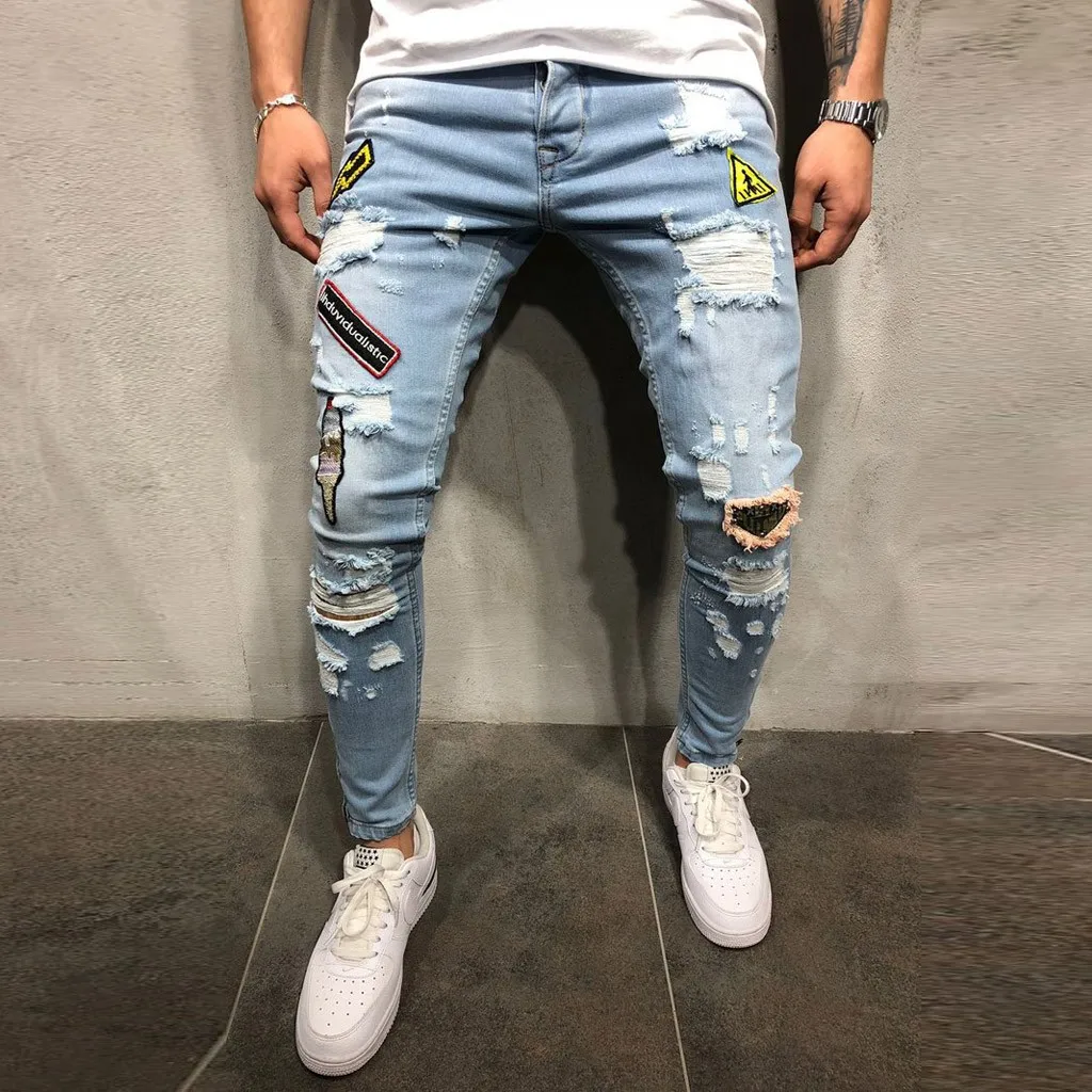 Men's Autumn Denim Cotton Straight Hole Pocket Trousers Distressed Jeans Pants Punk Skinny Hip Hop | Мужская одежда