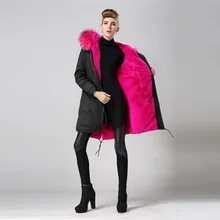 Ярко-розовый цвет женщин зимний Army Green искусственного меха куртка пальто мистер и миссис пальто с мехом Куртка Верхняя одежда подкладка мех дамы енота
