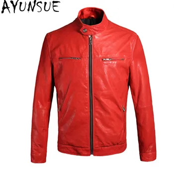 

AYUNSUE Men Oblique Motorcycle Jacket Genuine Leather Jackets Homens Jaqueta De Couro Mens Sheepskin Coat Slim Red Jacket WXF051