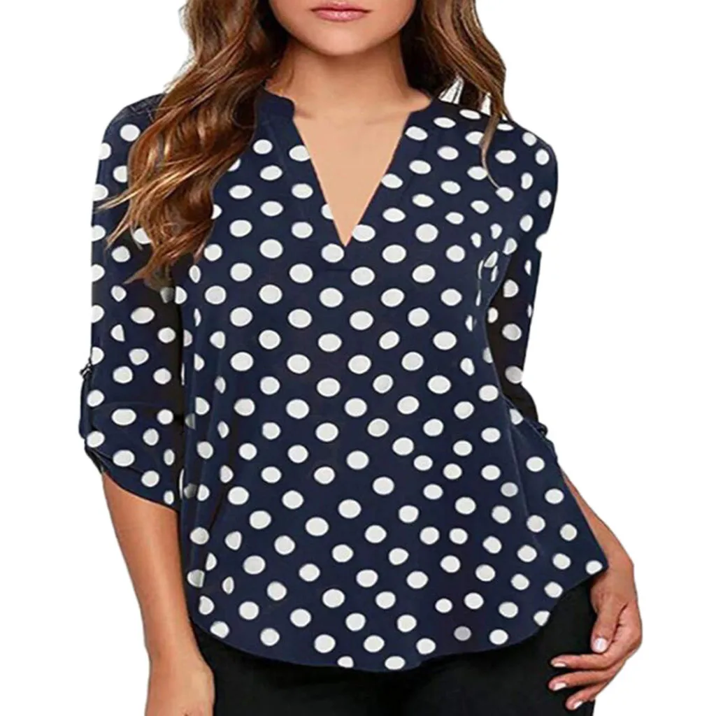 

2019 poleras de mujer moda Women's Casual Polka Dot Roll Tab Long Sleeve Blouse koszulki damskie harajuku aesthetic vogue vadim