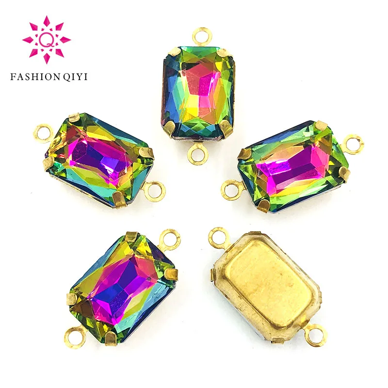 

Factory sale 10X14mm Rectangular octagon sew on rhinestones Rainbow Gold base Glass crystal double loop pandent diy accessories