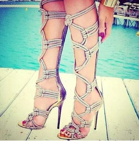 

Party Dress Shoes Gladiator Newest Fashion Women Shoes Hot Sale Sandels Summer Cut-out Knee High High Heel Back Zipper Special