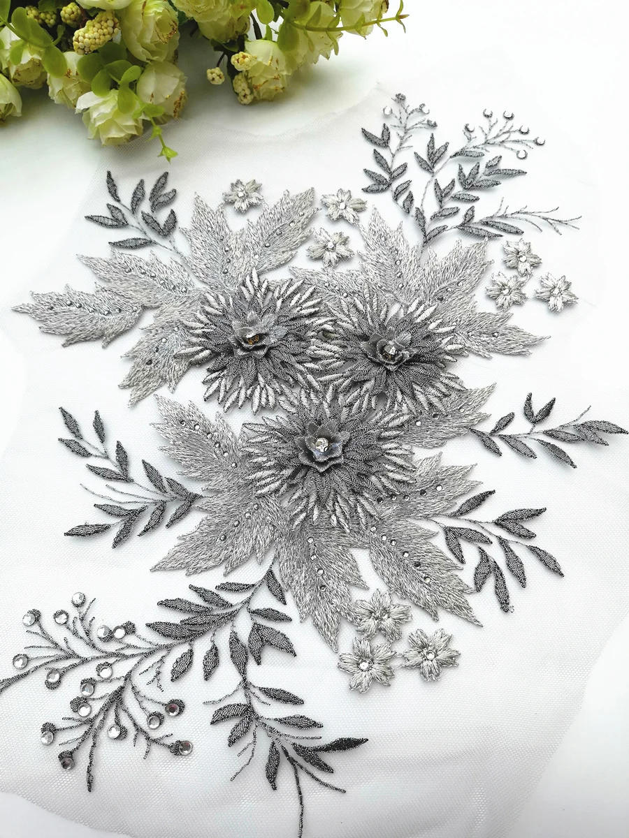 

GRAY 28x37cm Wedding Bridal Lace Applique Embroidered Designs Patch Sew on Rhinestones Crystal For Crafts Dress Veil Garment DIY
