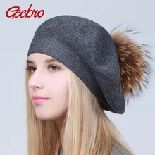 Geebro, женские береты, шапка, зимние, повседневные, вязаные, шерстяные береты с натуральным мехом енота, с помпоном, женские, одноцветные, береты, шапки GS110