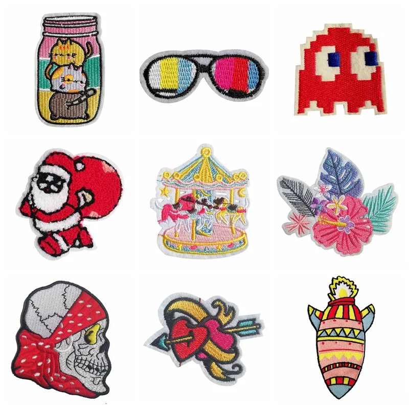 

Colorful Flower Patches Iron On Stickers Merry-Go-Round Appliques DIY Embroidered Decoration Clothes Stickers Punk Skull Badges