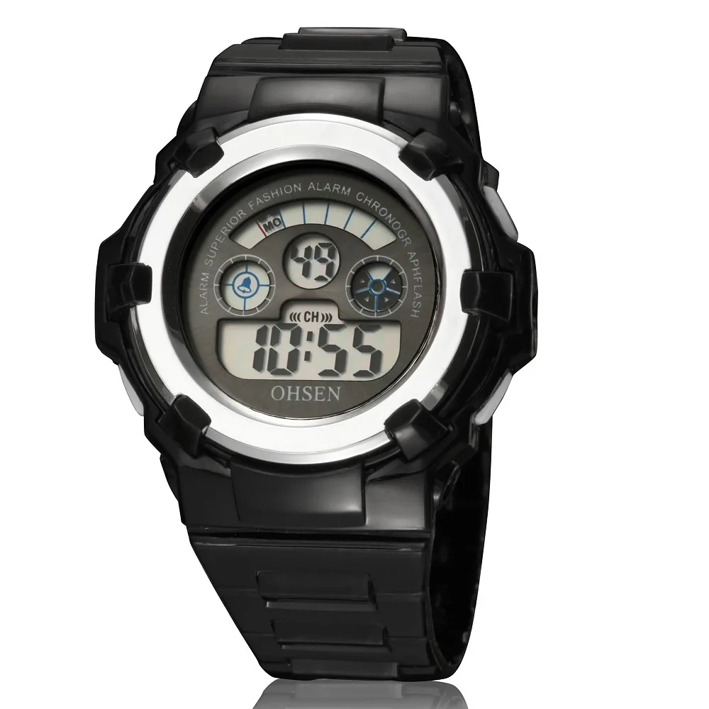 Новые часы OHSEN для мальчиков и девочек детские часы светодиодный светильник цифровые часы армейские спортивные часы черный резиновый ремешок электронные наручные часы - Цвет: Черный