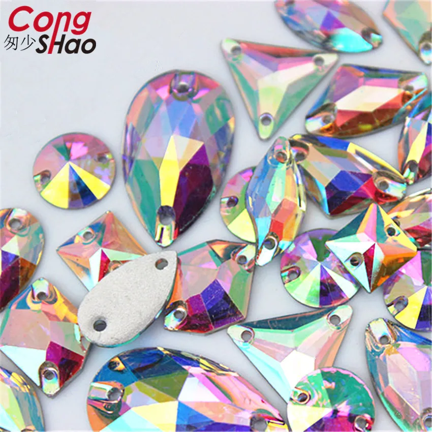 200-30pcs/bag Crystals AB Rhinestones trim Flat Back sewing 2 Hole Stones Resin Beads For DIY Wedding Dress Decoration 8Y668