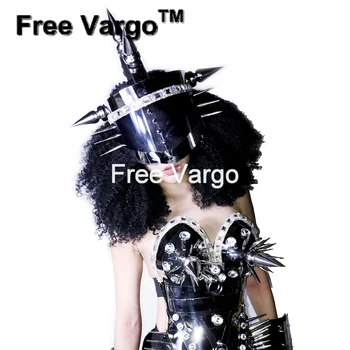 

Drag Queen GOGO Ballroom Rivet Mirror Costumes Clothes Women Helmet Robot Performance Stage Show Girl Singer Party Wear Costume